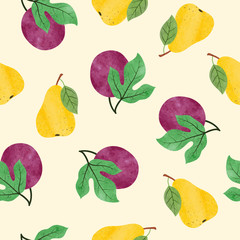 Watercolor colorful fruit pattern with pear and passion fruit.