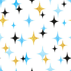 Seamless starburst pattern. Vector abstract blue and golden stars background