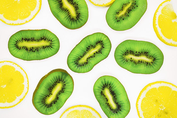 juicy fruit close-up, healthy foods, diet ingredients, kiwi slices near lemon