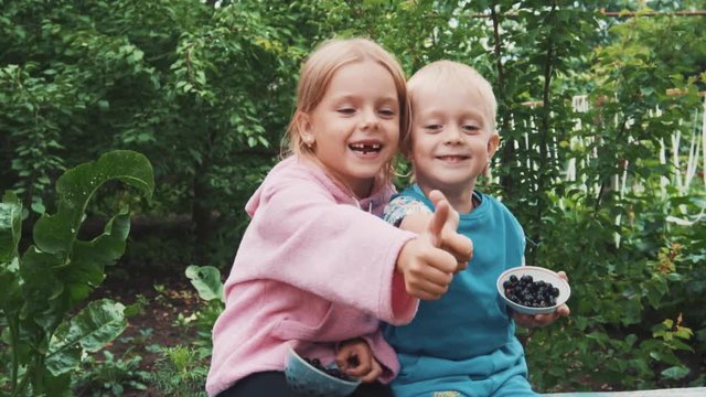 children eat fresh berries in the garden in summer
