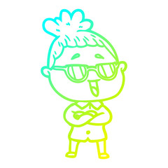 cold gradient line drawing cartoon happy woman wearing spectacles