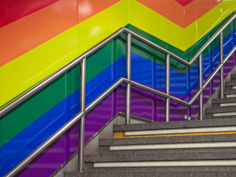 Wall of the stairway painted in LGBT Rainbow color