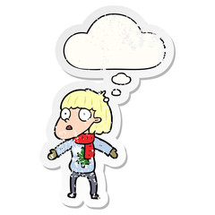 cartoon surprised christmas person and thought bubble as a distressed worn sticker
