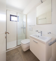 Fototapeta na wymiar Modern minimalist white bathroom with shower and small window
