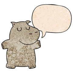 cartoon hippo and speech bubble in retro texture style
