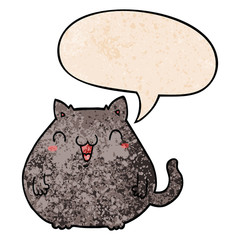 cartoon cat and speech bubble in retro texture style
