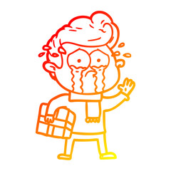 warm gradient line drawing cartoon crying man with present