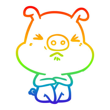 recommend clip art: rainbow gradient line drawing cartoon angry pig sat waiting