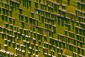 Aerial photo of a cemetery with grave stones