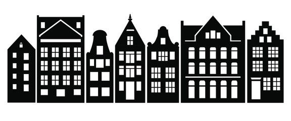 Set of Amsterdam style houses. Laser cut silhouette. Stylized facades of dutch buildings in old European fashion. Wood carving vector template. Urban landscape in black and white. Paper cut, die cut. - obrazy, fototapety, plakaty