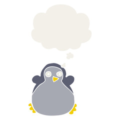 cartoon penguin and thought bubble in retro style