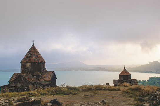 dramatic view to Sevanavanq monastery and Sevan lake  in Sevan Armenia