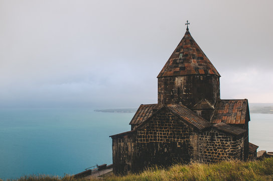 dramatic view to Sevanavanq monastery and Sevan lake  in Sevan Armenia
