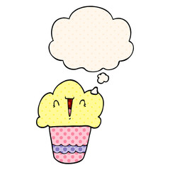 cartoon cupcake with face and thought bubble in comic book style