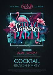 Summer cocktail disco party typography poster with flamingo and fluorescent tropic leaves. Nature concept