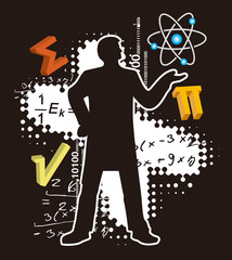 Teacher of Math and Physics.  Illustration of male silhouette with mathematics and physics symbols on black background. Vector available.