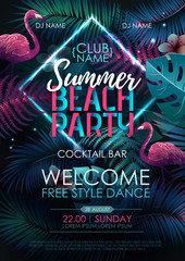 Summer beach party typography poster with flamingo and fluorescent tropic leaves. Nature concept