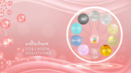 Hyaluronic acid plus multivitamins and mineral skin solutions ad, pink collagen serum drop with cosmetic advertising background ready to use, illustration vector.