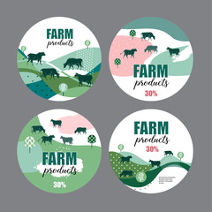 Cows graze in the meadow. Round background for design of agricultural products. Geometrical composition.