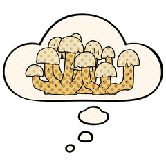 cartoon mushroom and thought bubble in comic book style