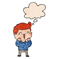 cartoon laughing boy and thought bubble in grunge texture pattern style