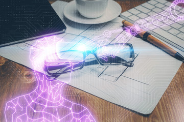AR drawing with glasses on the table background. Concept of augmented reality. Double exposure.