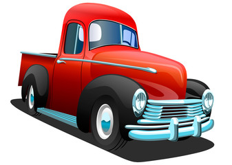 Cartoon red retro truck pickup car, on a white background. ESP Vector illustration.