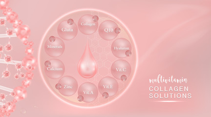 Hyaluronic acid plus multivitamins and mineral skin solutions ad, pink collagen serum drop with cosmetic advertising background ready to use, illustration vector.