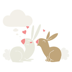 cartoon rabbits in love and thought bubble in retro style