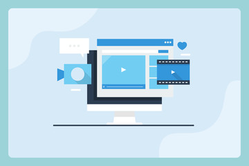 Flat design illustration concept of video marketing, social network communication, online webinar, audience engagement concept. Vector web banner with blue background.
