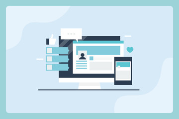 Flat design social media illustration with icons. Digital content marketing concept.