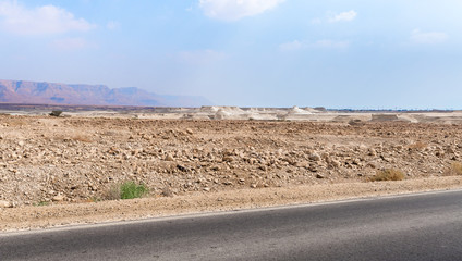 Panoramic view  of the road and mountains in the Judean Desert in the Dead Sea region in Israel