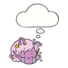 cartoon alien space girl face crying and thought bubble