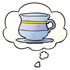 cartoon old tea cup and thought bubble in smooth gradient style