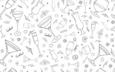 Seamless pattern.Doodle sketch of cocktails and alcoholic drinks in glass. Hand drawn vector illustration isolated on black background. Useful for packaging, menu design, interior decoration