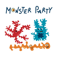 Monster party card design. Vector flat illustration