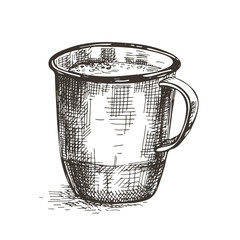 Vector image of a metal mug. Sketch style drawing.