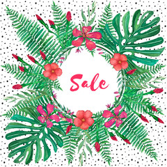 Sale banner of tropical leaves and flowers on white background
