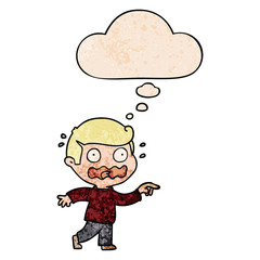 cartoon stressed out pointing and thought bubble in grunge texture pattern style