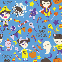Seamless pattern with children in halloween costume. Cute boys and girls with party decoration, bat, cat, ghost, flag/ bunting and lettering of "treat or treat".