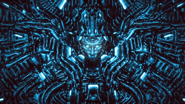 Electronic wall with bas-relief and protruding robot head. Glowing lamps and mechanisms under water. Animation in genre of science fiction. Blue color background.