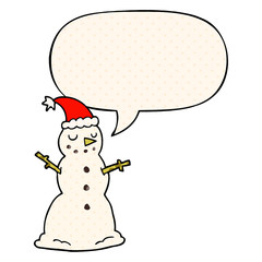 cartoon christmas snowman and speech bubble in comic book style
