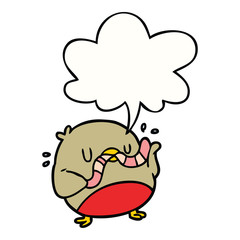 cartoon bird eating worm and speech bubble