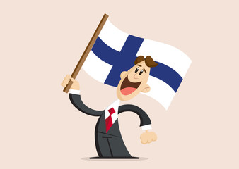  happy man in suit holds Flag of Finland