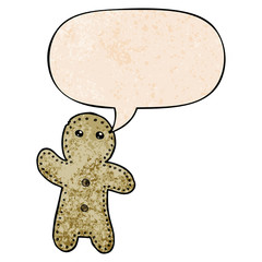 cartoon gingerbread man and speech bubble in retro texture style