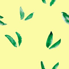 Seamless abstract colorful watercolor pattern with paint brush, botanical elements. Hand drawing plant background with leaves