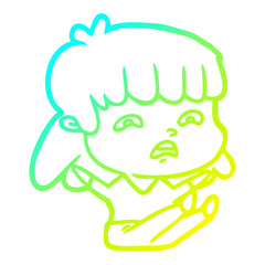 cold gradient line drawing cartoon worried woman