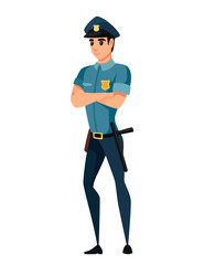 Police officer wearing dark blue pants light blue shirt cartoon character design flat vector illustration