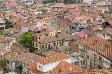 Fototapeta na wymiar Blick auf die roten Dächer von Korça, Albanien