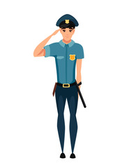 Police officer saluting and wearing dark blue pants light blue shirt cartoon character design flat vector illustration